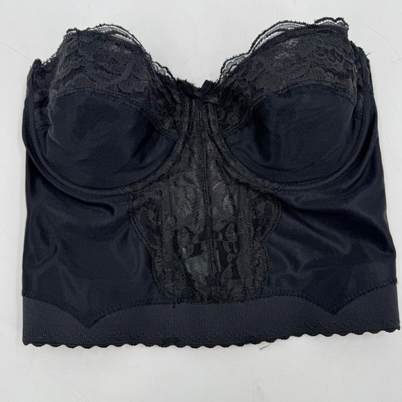 Vassarette Longline Bra Lace Trim Vintage Pin Up‎ Style Black 34C Bustier Corset - Picture 1 of 12